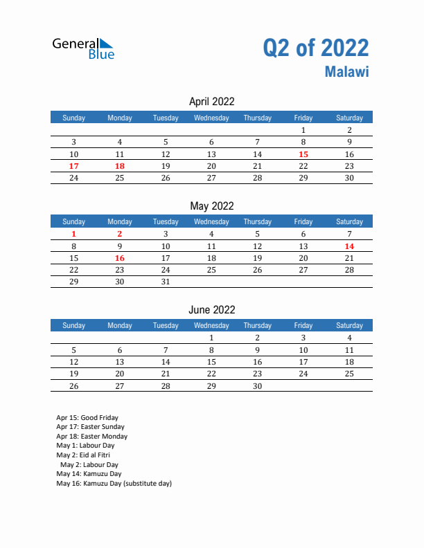 Malawi Q2 2022 Quarterly Calendar with Sunday Start