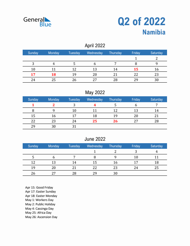 Namibia Q2 2022 Quarterly Calendar with Sunday Start