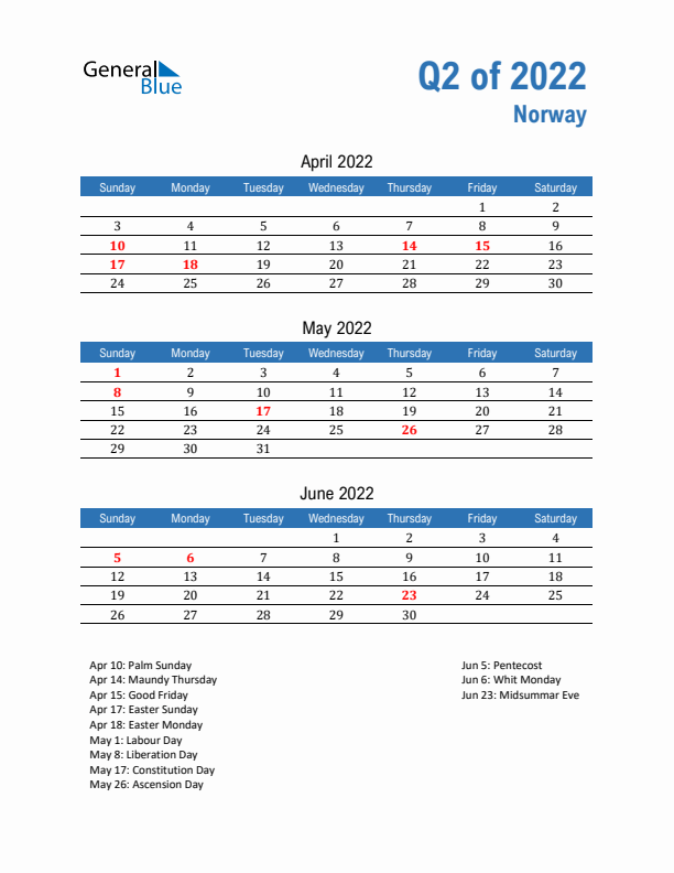 Norway Q2 2022 Quarterly Calendar with Sunday Start