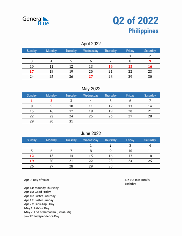 Philippines Q2 2022 Quarterly Calendar with Sunday Start