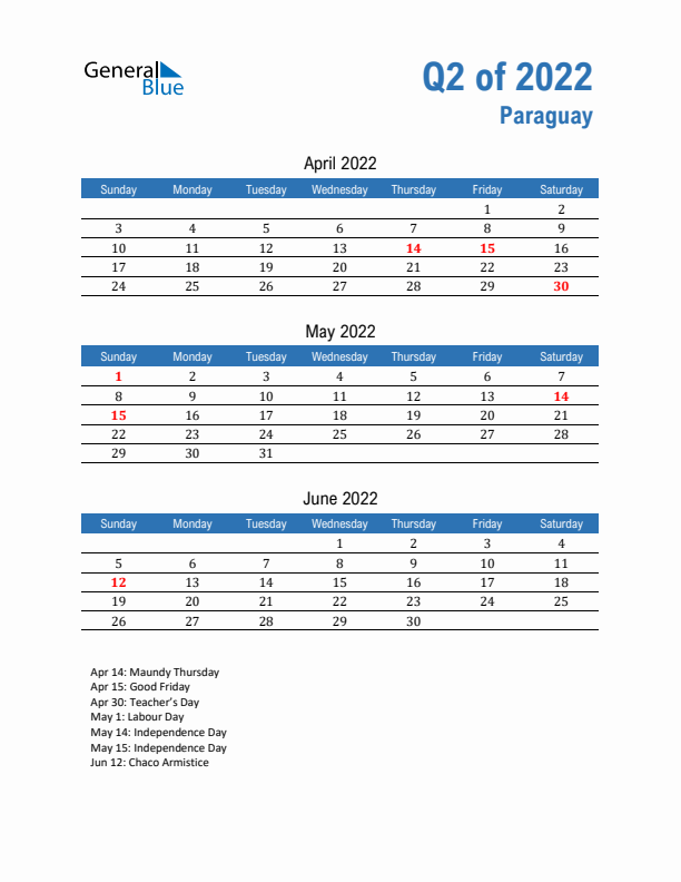 Paraguay Q2 2022 Quarterly Calendar with Sunday Start