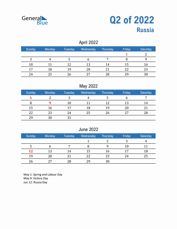 Russia Q2 2022 Quarterly Calendar with Sunday Start