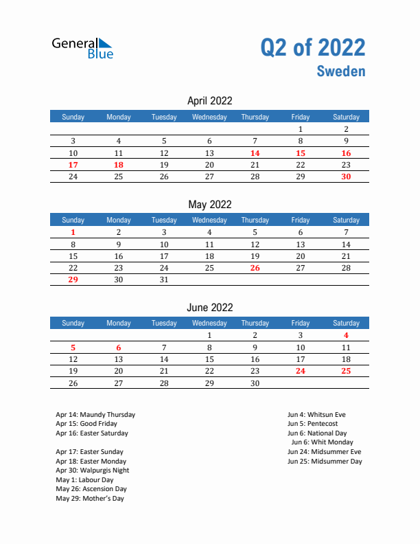 Sweden Q2 2022 Quarterly Calendar with Sunday Start