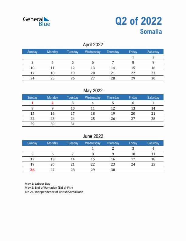 Somalia Q2 2022 Quarterly Calendar with Sunday Start