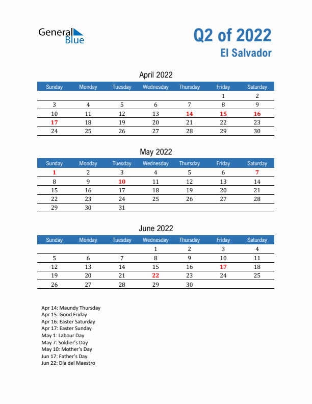 El Salvador Q2 2022 Quarterly Calendar with Sunday Start