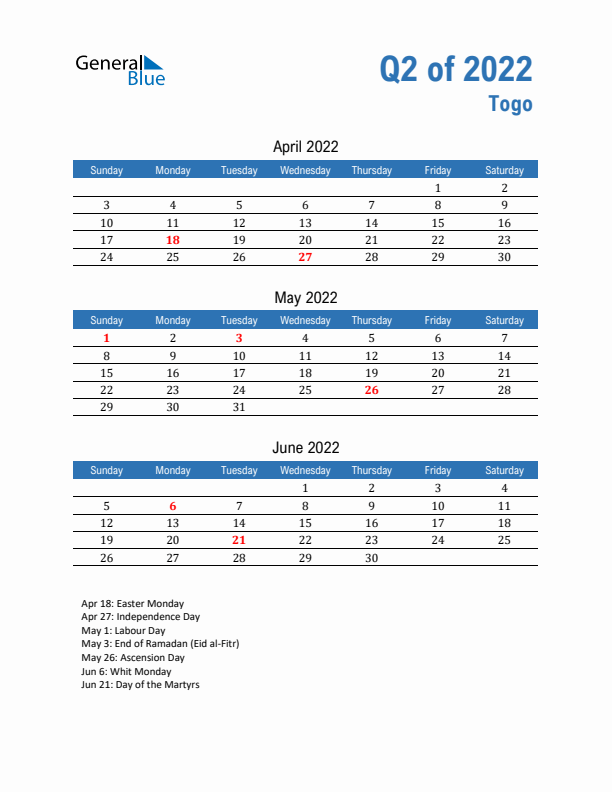 Togo Q2 2022 Quarterly Calendar with Sunday Start