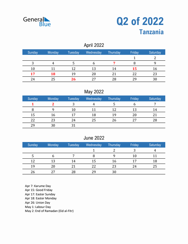 Tanzania Q2 2022 Quarterly Calendar with Sunday Start