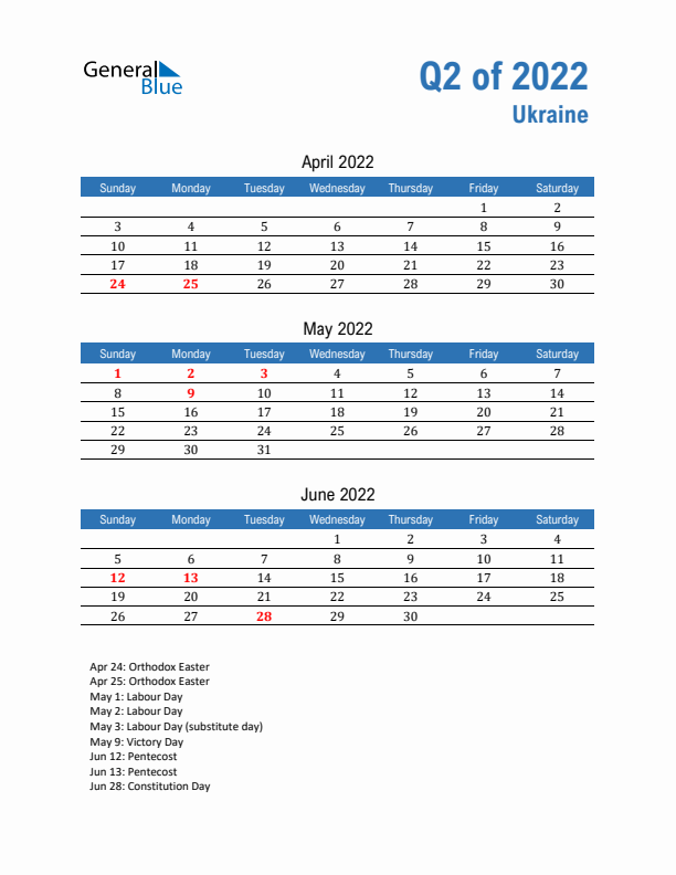 Ukraine Q2 2022 Quarterly Calendar with Sunday Start