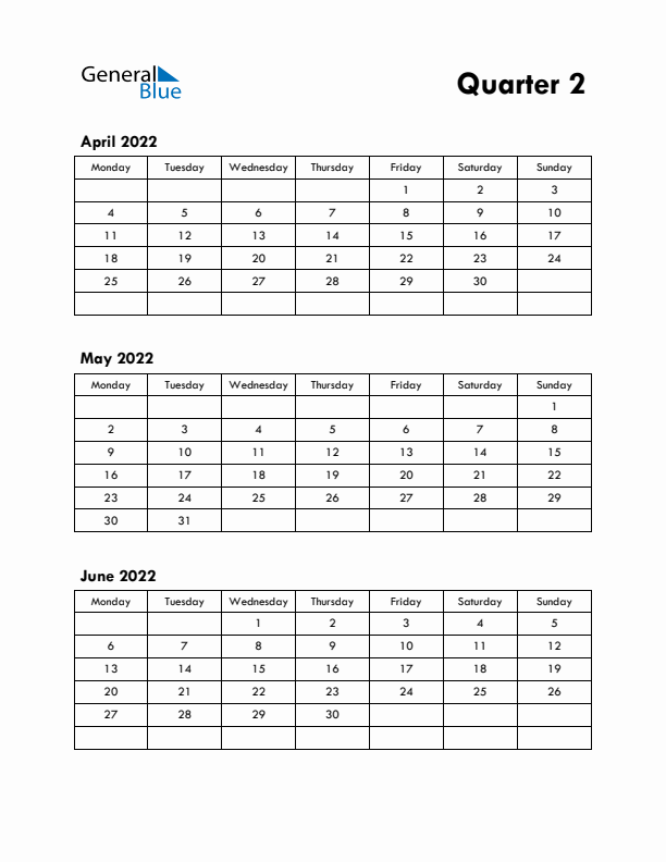 Quarter 2 2022 Calendar - Monday Start