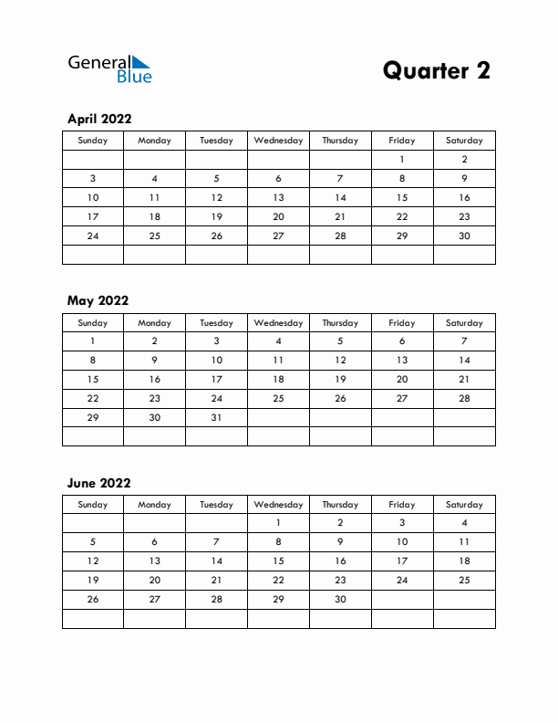 Quarter 2 2022 Calendar - Sunday Start