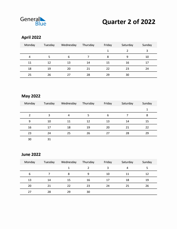 2022 Three-Month Calendar (Quarter 2)