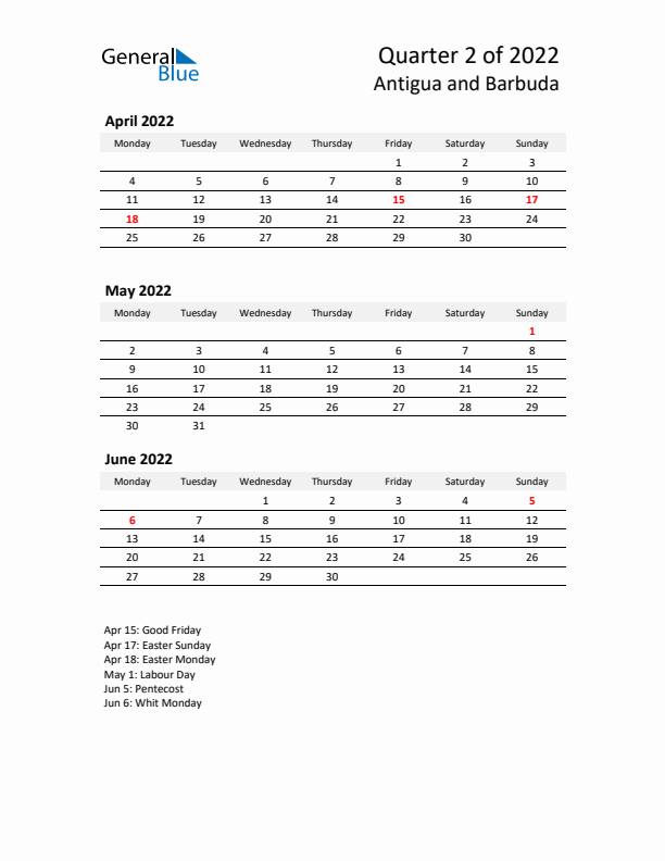 2022 Q2 Three-Month Calendar for Antigua and Barbuda