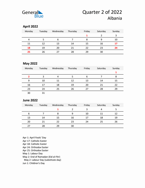 2022 Q2 Three-Month Calendar for Albania