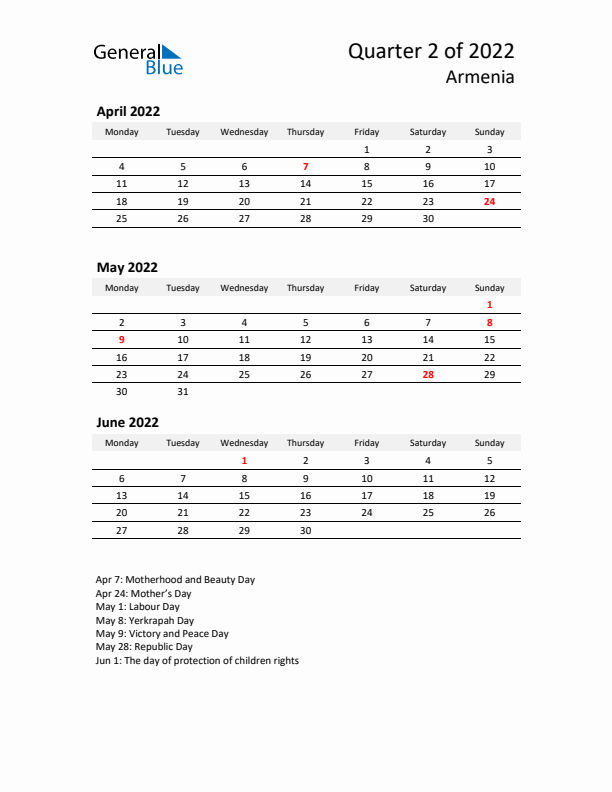 2022 Q2 Three-Month Calendar for Armenia