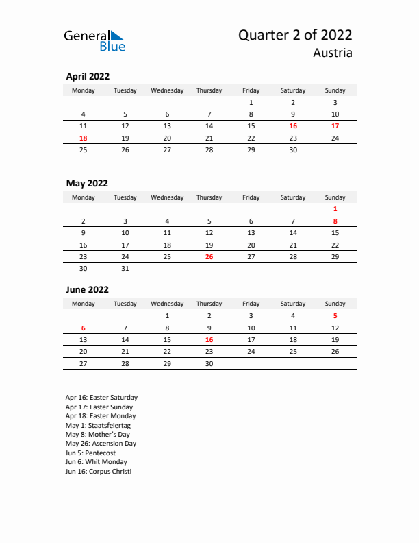 2022 Q2 Three-Month Calendar for Austria