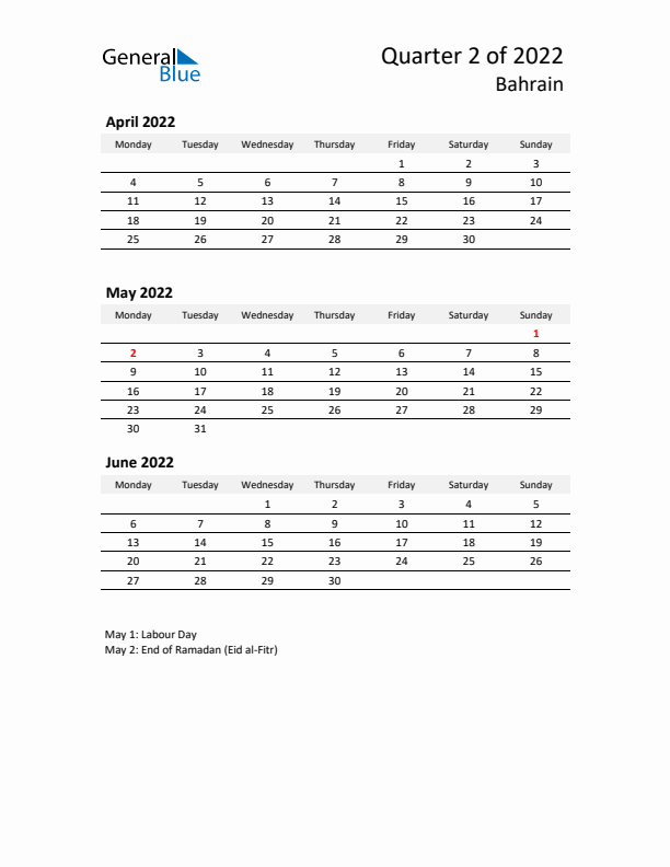 2022 Q2 Three-Month Calendar for Bahrain