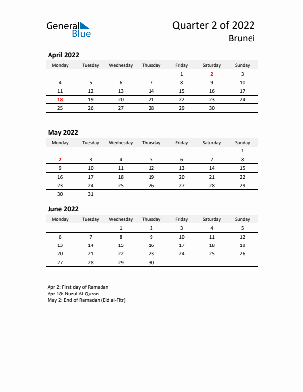 2022 Q2 Three-Month Calendar for Brunei