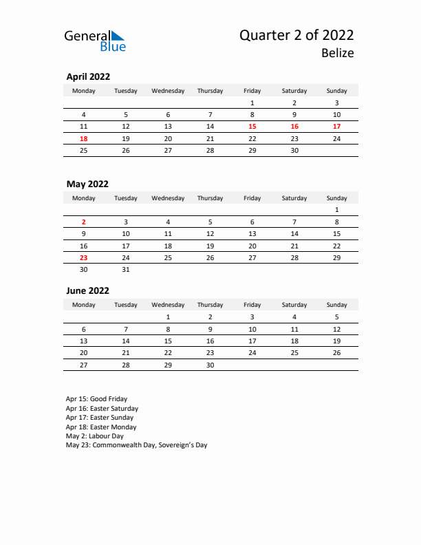 2022 Q2 Three-Month Calendar for Belize