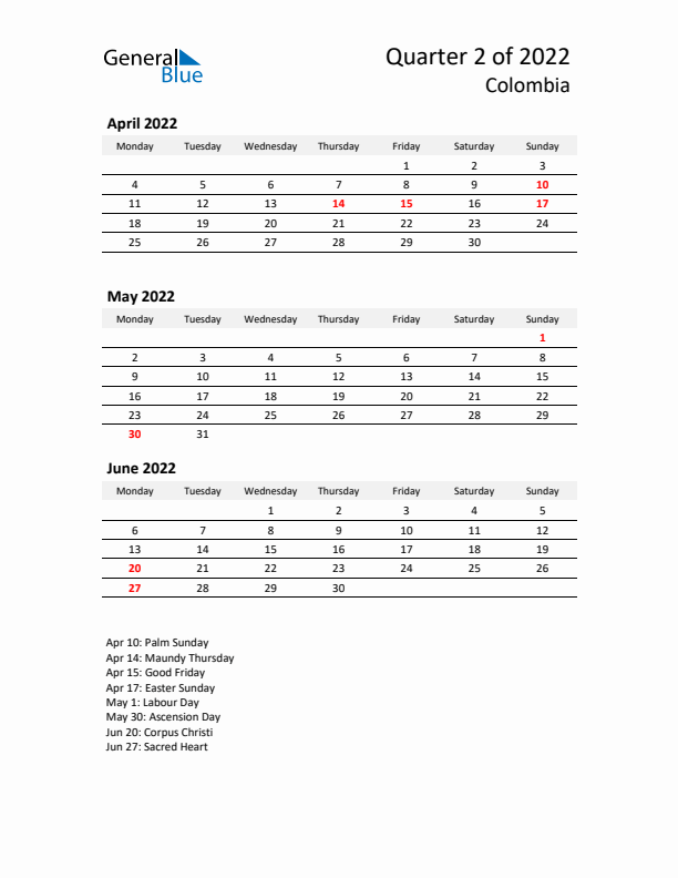 2022 Q2 Three-Month Calendar for Colombia