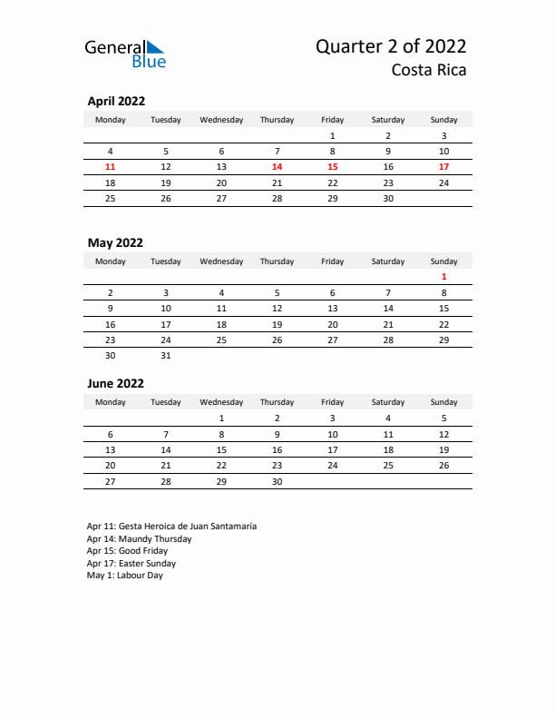 2022 Q2 Three-Month Calendar for Costa Rica