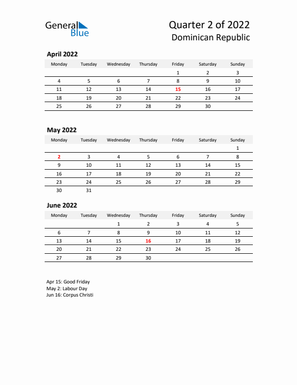 2022 Q2 Three-Month Calendar for Dominican Republic