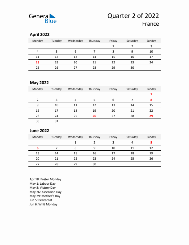 2022 Q2 Three-Month Calendar for France