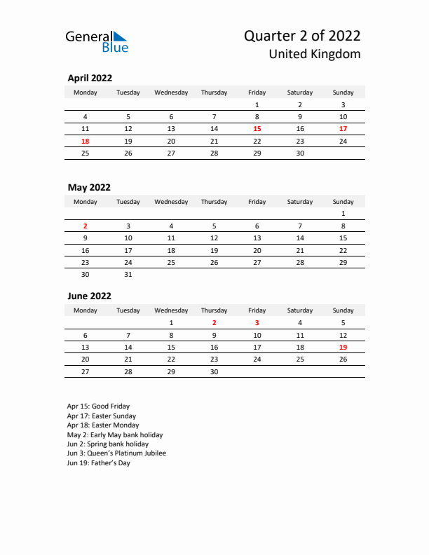 2022 Q2 Three-Month Calendar for United Kingdom