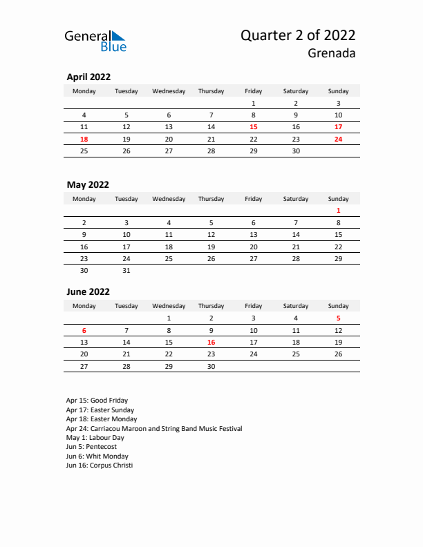 2022 Q2 Three-Month Calendar for Grenada