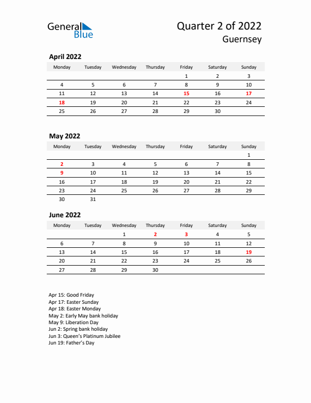 2022 Q2 Three-Month Calendar for Guernsey