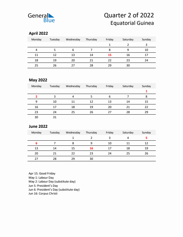 2022 Q2 Three-Month Calendar for Equatorial Guinea