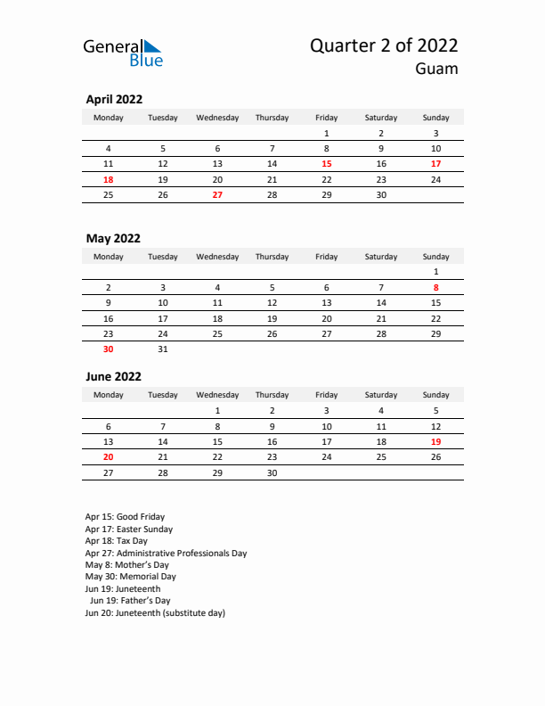 2022 Q2 Three-Month Calendar for Guam