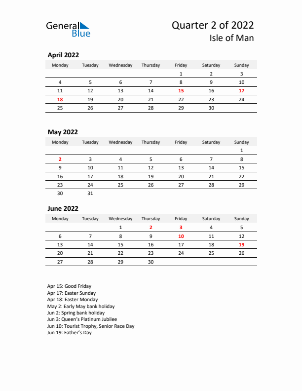 2022 Q2 Three-Month Calendar for Isle of Man