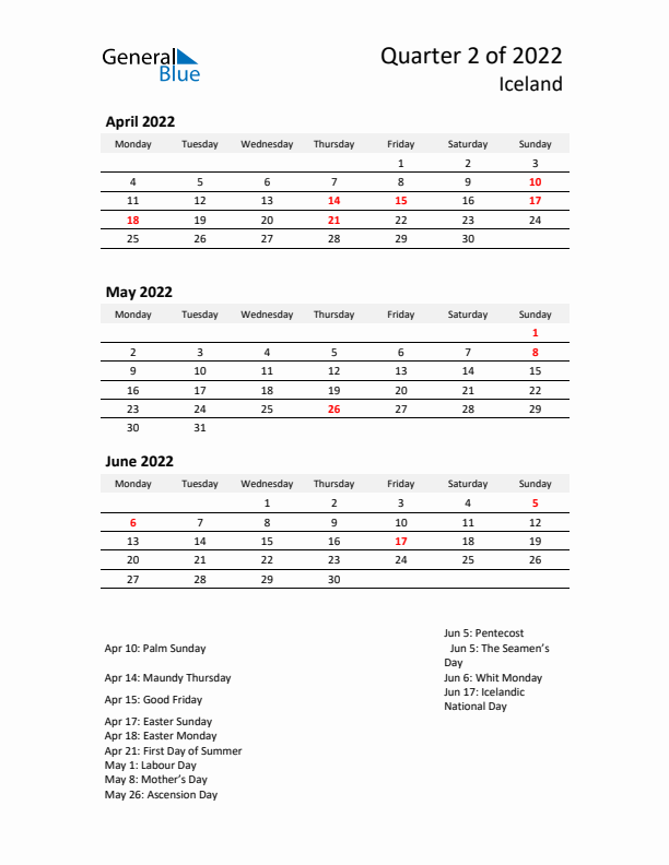 2022 Q2 Three-Month Calendar for Iceland