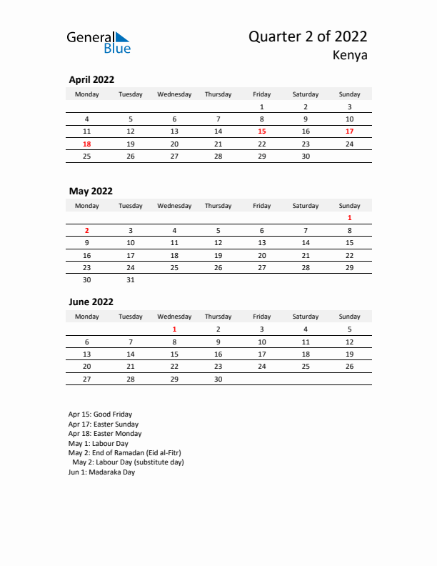 2022 Q2 Three-Month Calendar for Kenya