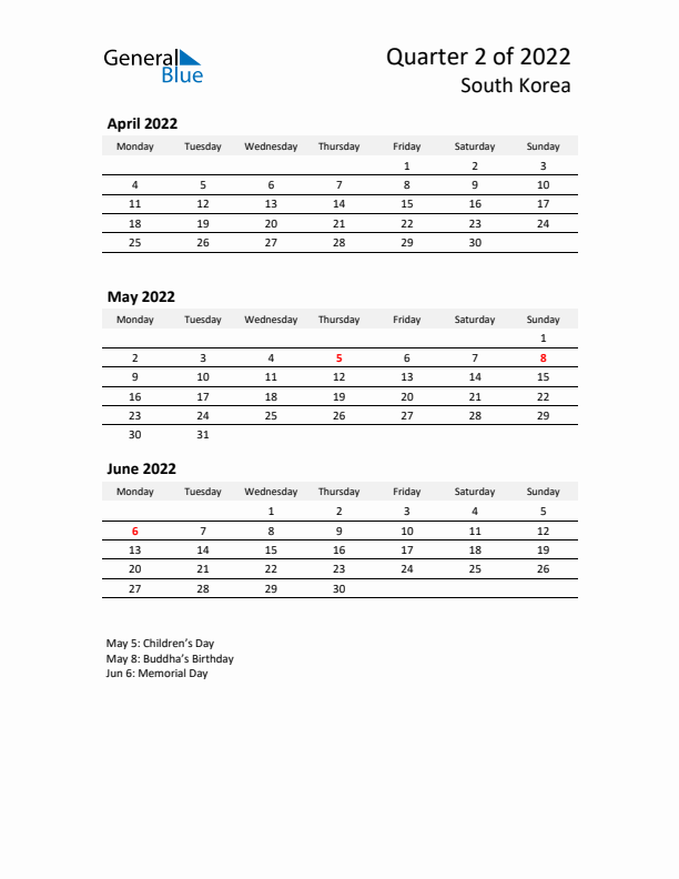 2022 Q2 Three-Month Calendar for South Korea