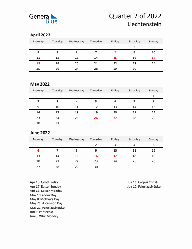 2022 Q2 Three-Month Calendar for Liechtenstein