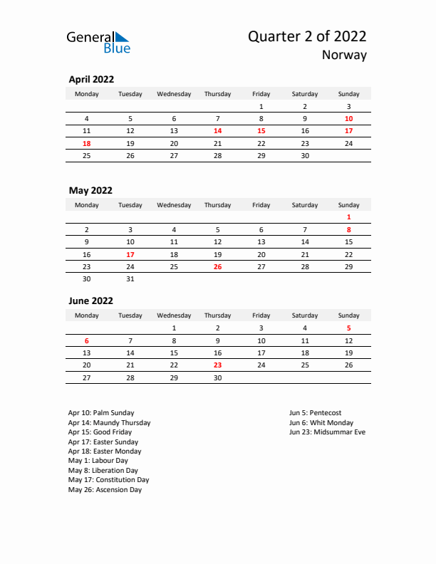 2022 Q2 Three-Month Calendar for Norway