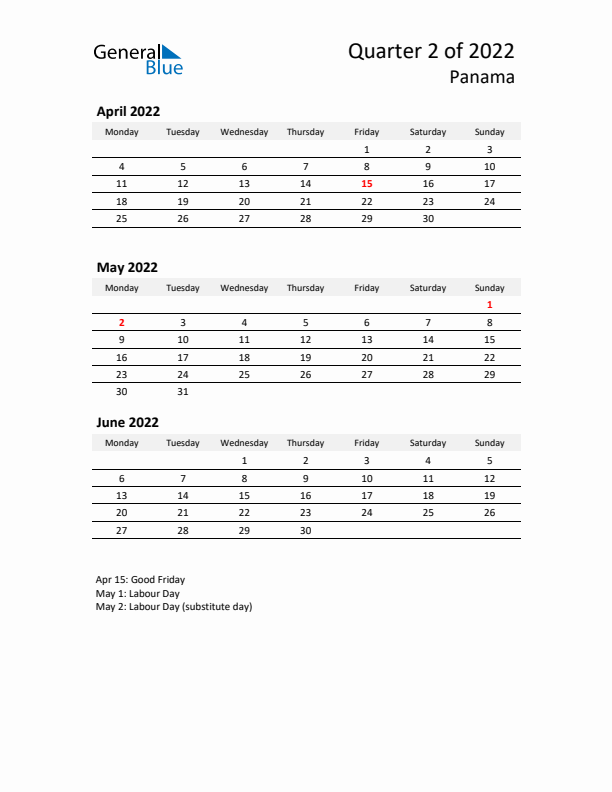 2022 Q2 Three-Month Calendar for Panama