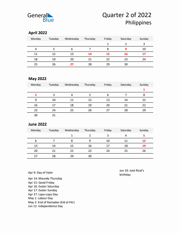 2022 Q2 Three-Month Calendar for Philippines