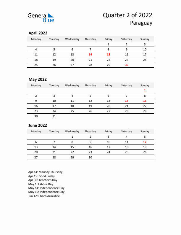 2022 Q2 Three-Month Calendar for Paraguay