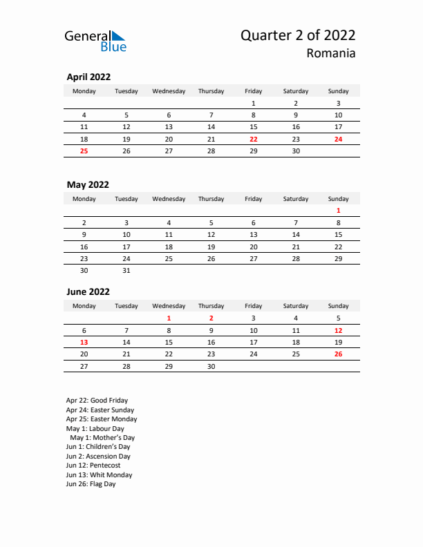 2022 Q2 Three-Month Calendar for Romania