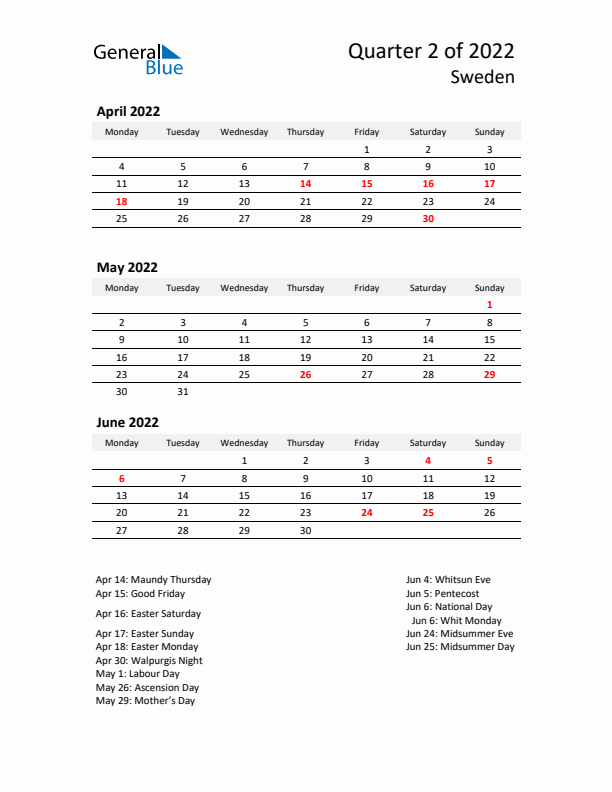 2022 Q2 Three-Month Calendar for Sweden