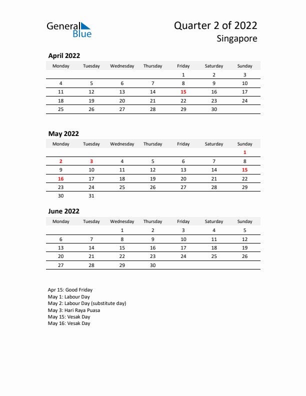 2022 Q2 Three-Month Calendar for Singapore