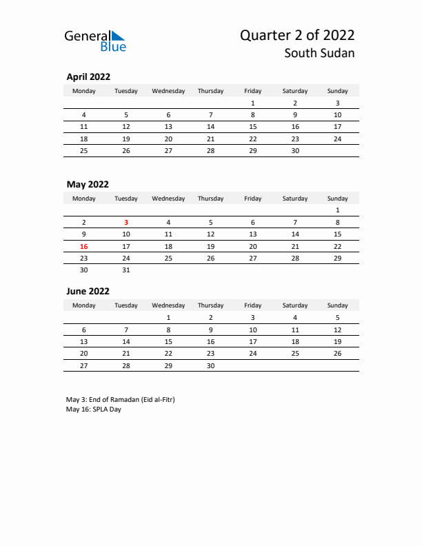 2022 Q2 Three-Month Calendar for South Sudan