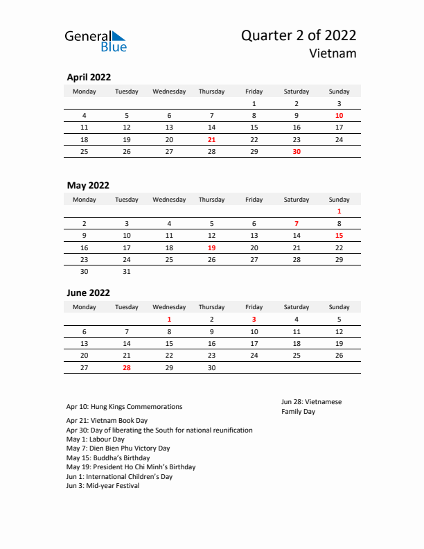 2022 Q2 Three-Month Calendar for Vietnam