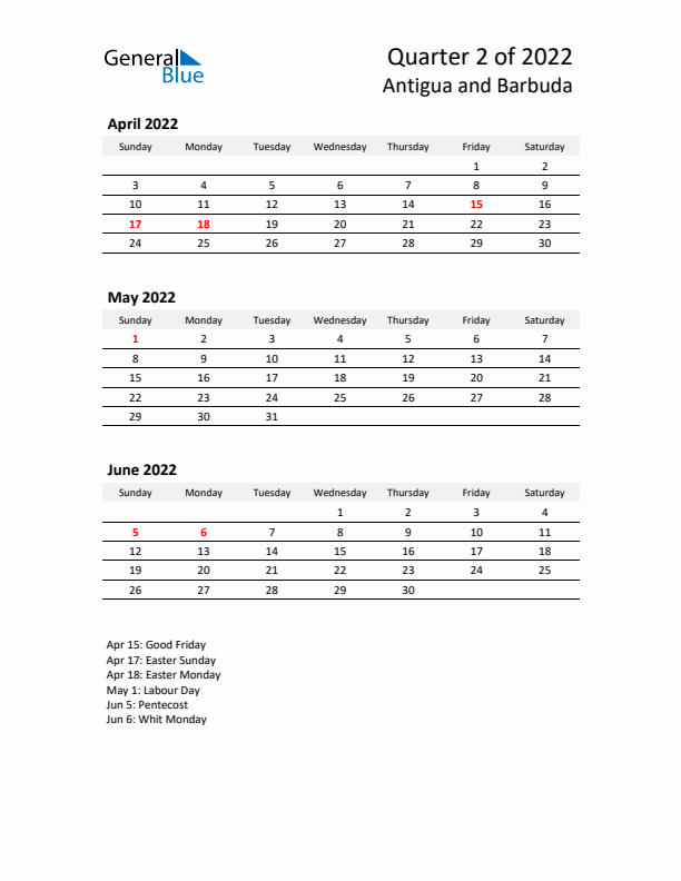 2022 Q2 Three-Month Calendar for Antigua and Barbuda