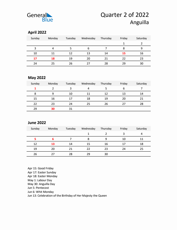 2022 Q2 Three-Month Calendar for Anguilla