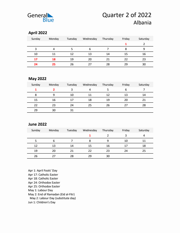 2022 Q2 Three-Month Calendar for Albania