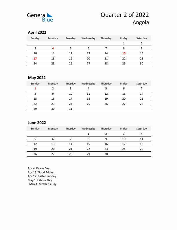 2022 Q2 Three-Month Calendar for Angola