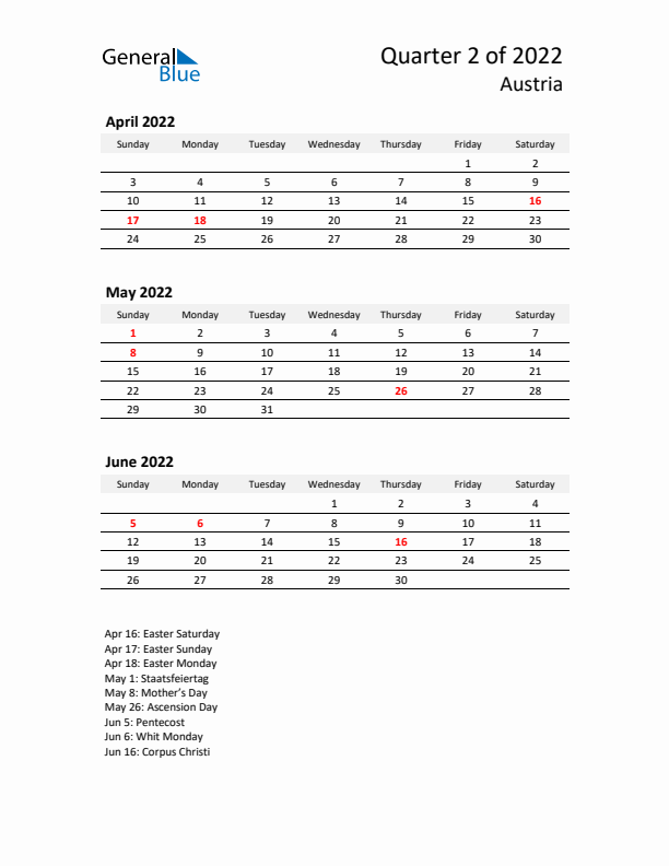 2022 Q2 Three-Month Calendar for Austria